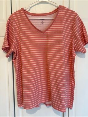 Kohl's Croft & Barrow Pink and White Striped V-Neck Tee Shirt